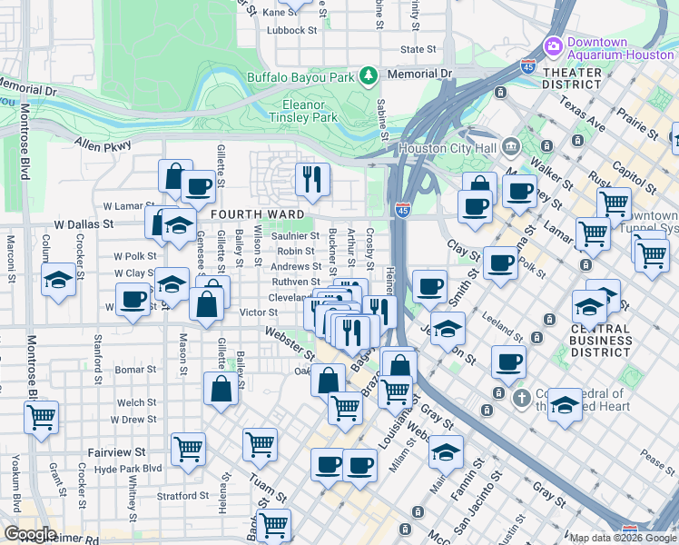 map of restaurants, bars, coffee shops, grocery stores, and more near 921 Andrews Street in Houston