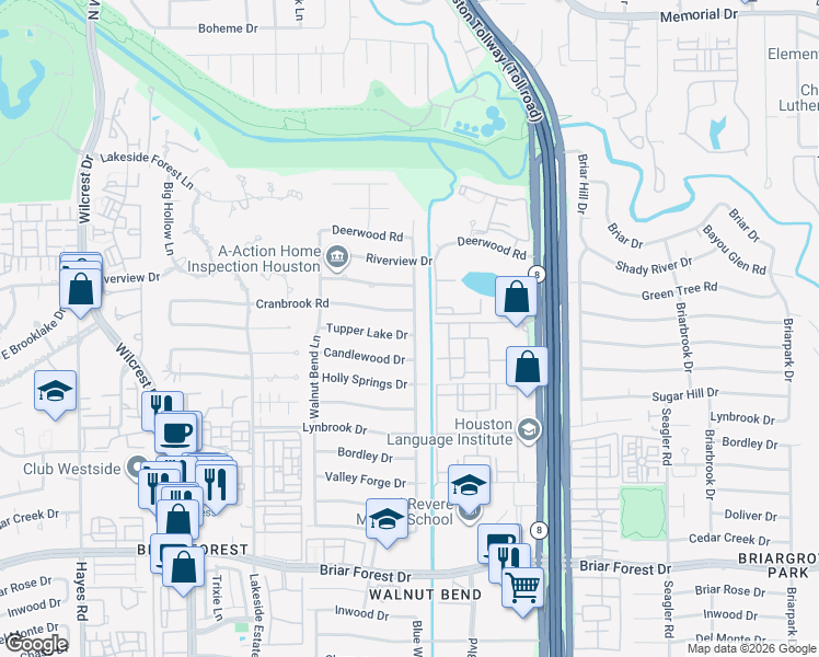 map of restaurants, bars, coffee shops, grocery stores, and more near 10602 Tupper Lake Drive in Houston