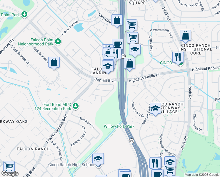 map of restaurants, bars, coffee shops, grocery stores, and more near 23506 Peacock Gap Lane in Katy