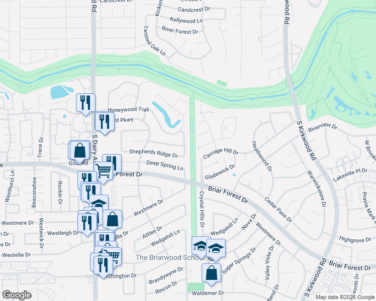 map of restaurants, bars, coffee shops, grocery stores, and more near 1307 Shannon Valley Drive in Houston