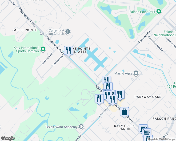 map of restaurants, bars, coffee shops, grocery stores, and more near 2510 Britton Ridge Drive in Katy