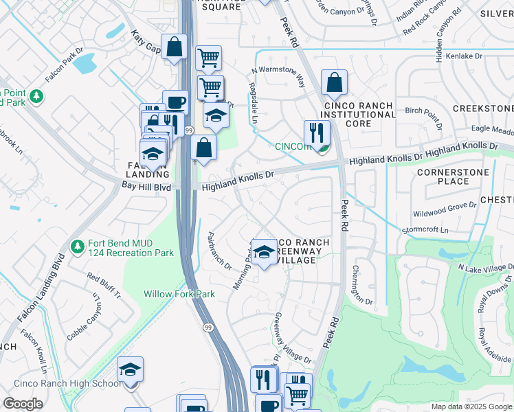 map of restaurants, bars, coffee shops, grocery stores, and more near 23323 Greenrush Drive in Katy