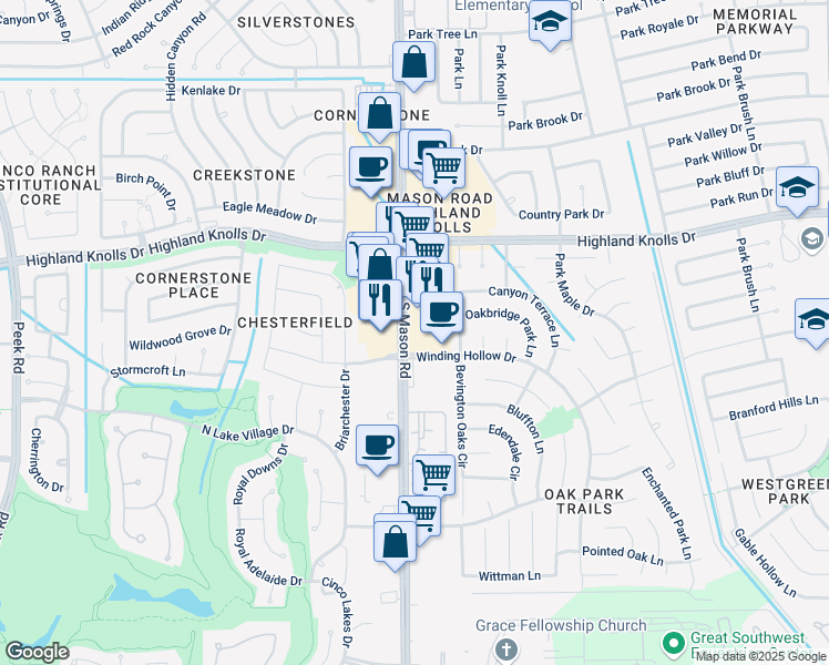 map of restaurants, bars, coffee shops, grocery stores, and more near 1803 Mason Road in Katy