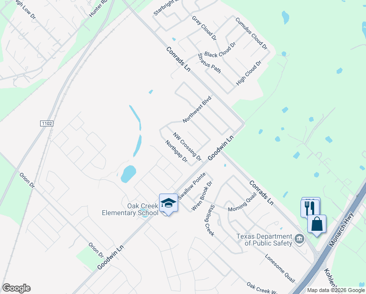 map of restaurants, bars, coffee shops, grocery stores, and more near 635 Northwest Crossing Drive in New Braunfels