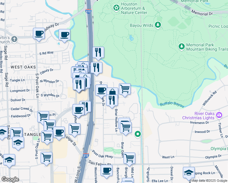 map of restaurants, bars, coffee shops, grocery stores, and more near 9 River Hollow Lane in Houston