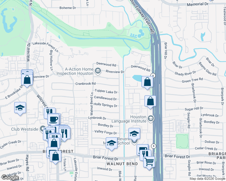 map of restaurants, bars, coffee shops, grocery stores, and more near 10602 Tupper Lake Drive in Houston