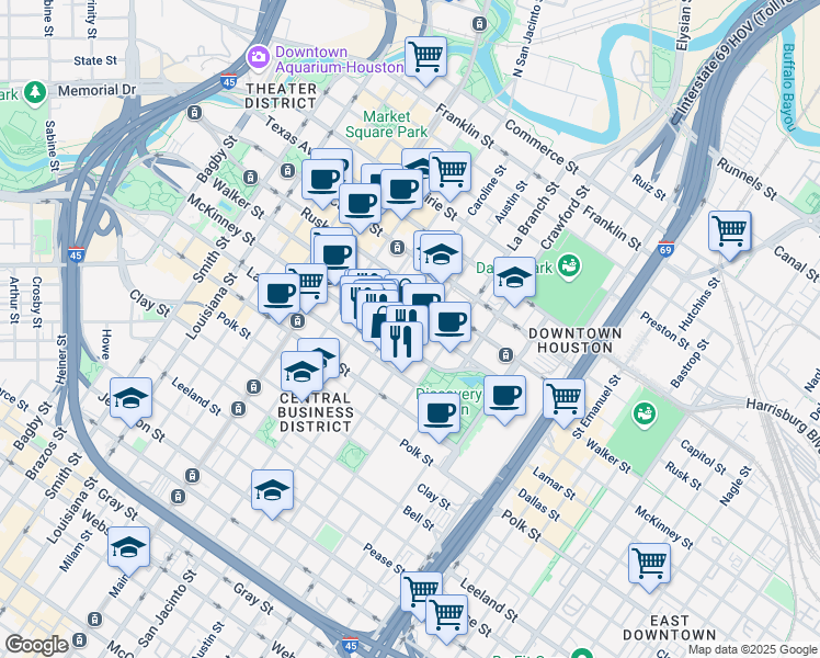map of restaurants, bars, coffee shops, grocery stores, and more near 1221 McKinney Street in Houston