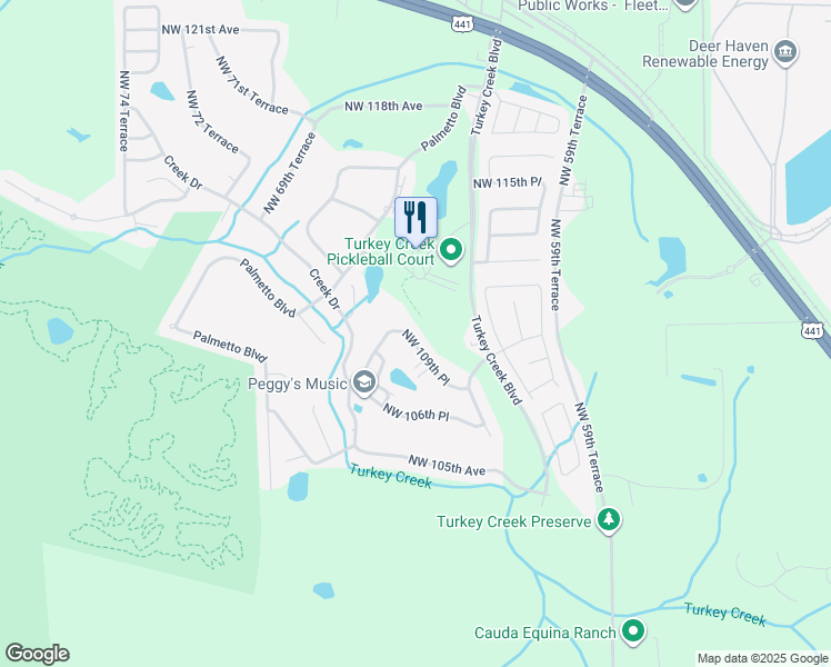 map of restaurants, bars, coffee shops, grocery stores, and more near 6446 Northwest 109th Place in Alachua