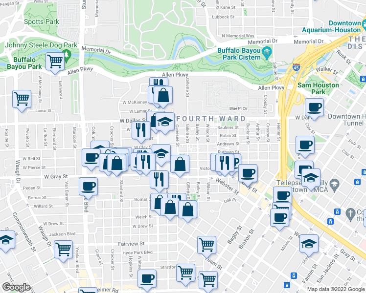 map of restaurants, bars, coffee shops, grocery stores, and more near 1607 Andrews St in Houston