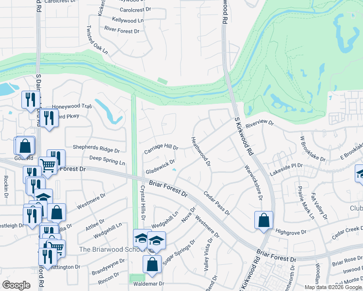 map of restaurants, bars, coffee shops, grocery stores, and more near 12022 Carriage Hill Drive in Houston