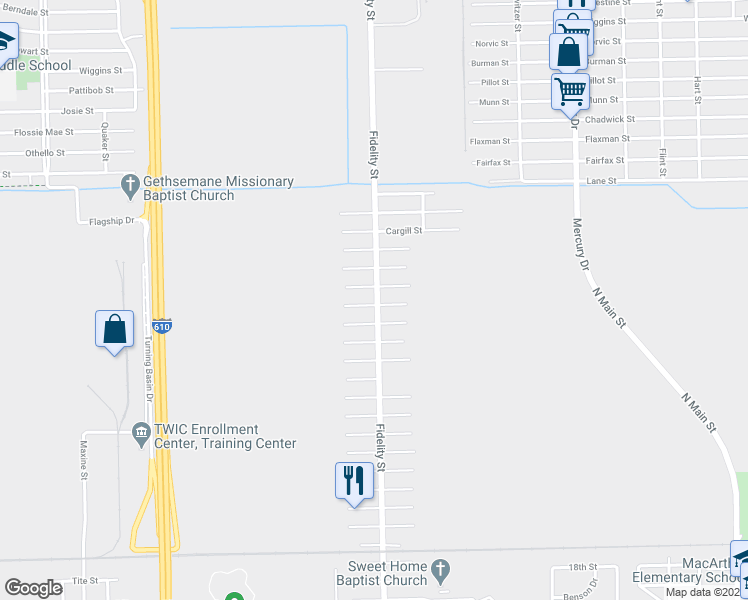 map of restaurants, bars, coffee shops, grocery stores, and more near 3201 Fidelity Street in Houston