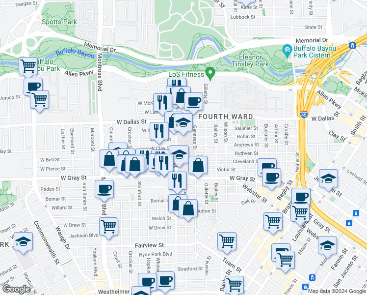 map of restaurants, bars, coffee shops, grocery stores, and more near 1805 Andrews Street in Houston