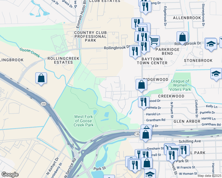 map of restaurants, bars, coffee shops, grocery stores, and more near 1200 Northwood Street in Baytown