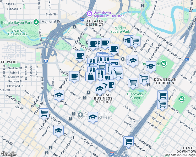 map of restaurants, bars, coffee shops, grocery stores, and more near 1111 Main street in Houston