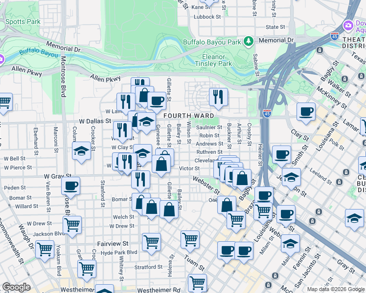 map of restaurants, bars, coffee shops, grocery stores, and more near 1315 Bailey Street in Houston