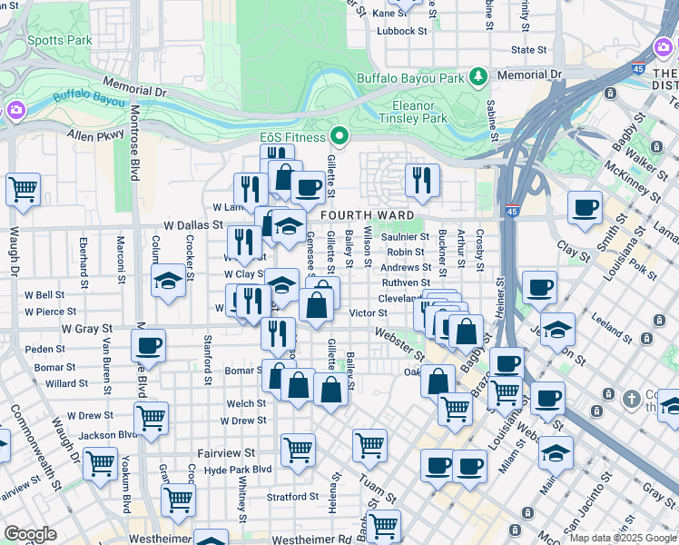 map of restaurants, bars, coffee shops, grocery stores, and more near 1315 Bailey Street in Houston