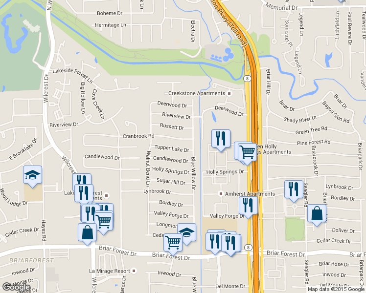 map of restaurants, bars, coffee shops, grocery stores, and more near 10602 Tupper Lake Drive in Houston