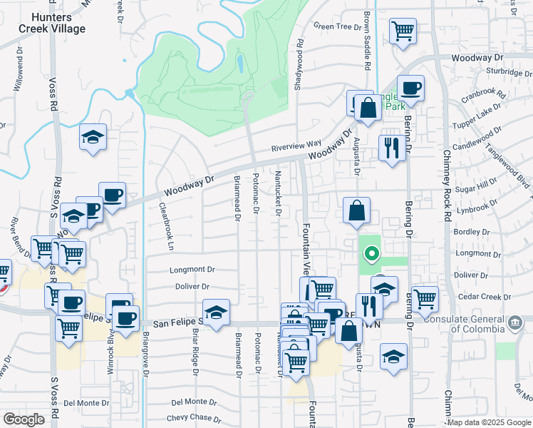 map of restaurants, bars, coffee shops, grocery stores, and more near 1117 Potomac Drive in Houston