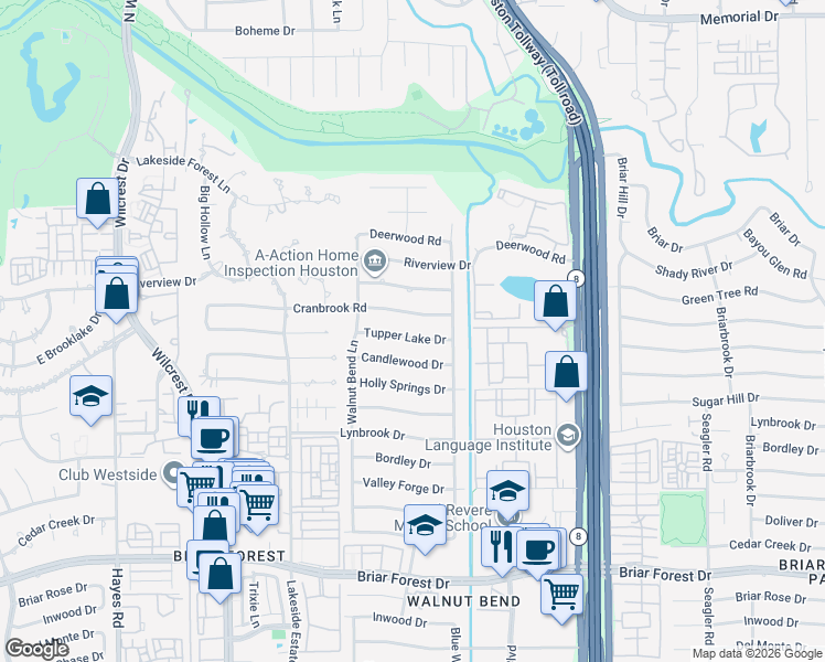 map of restaurants, bars, coffee shops, grocery stores, and more near 10626 Tupper Lake Drive in Houston