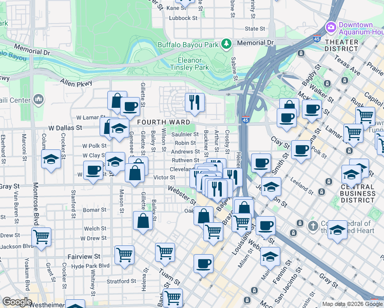 map of restaurants, bars, coffee shops, grocery stores, and more near 1107 Andrews Street in Houston