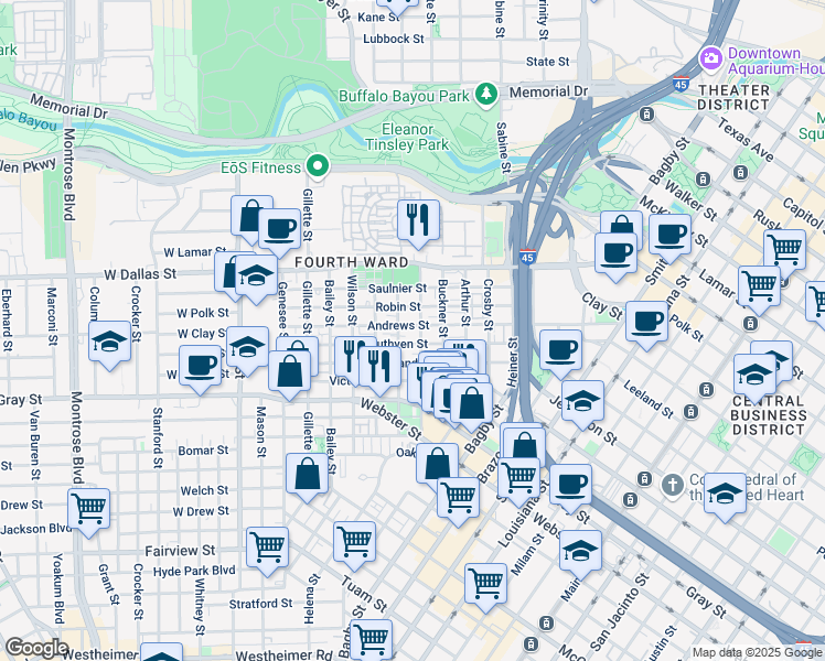 map of restaurants, bars, coffee shops, grocery stores, and more near 1107 Andrews Street in Houston