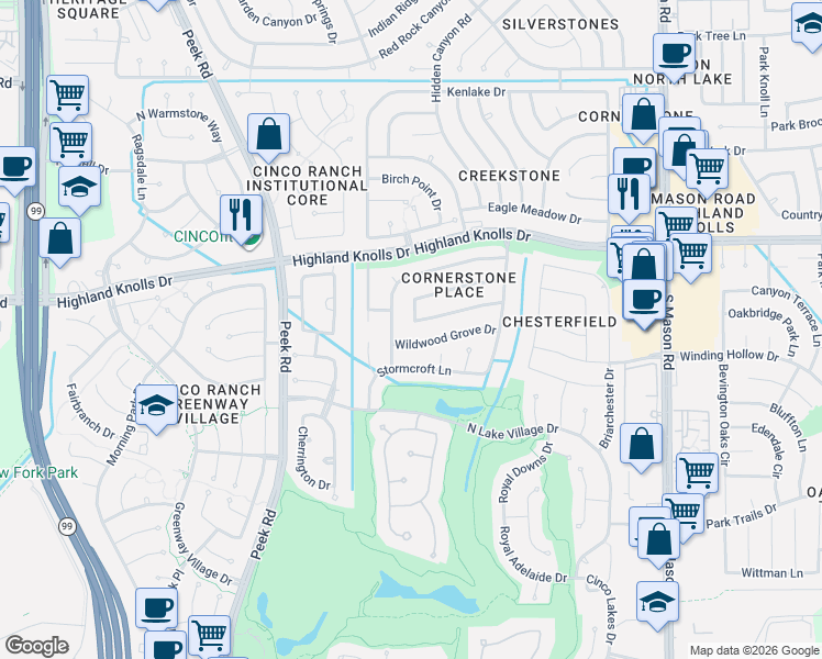 map of restaurants, bars, coffee shops, grocery stores, and more near 22519 Park Point Drive in Katy