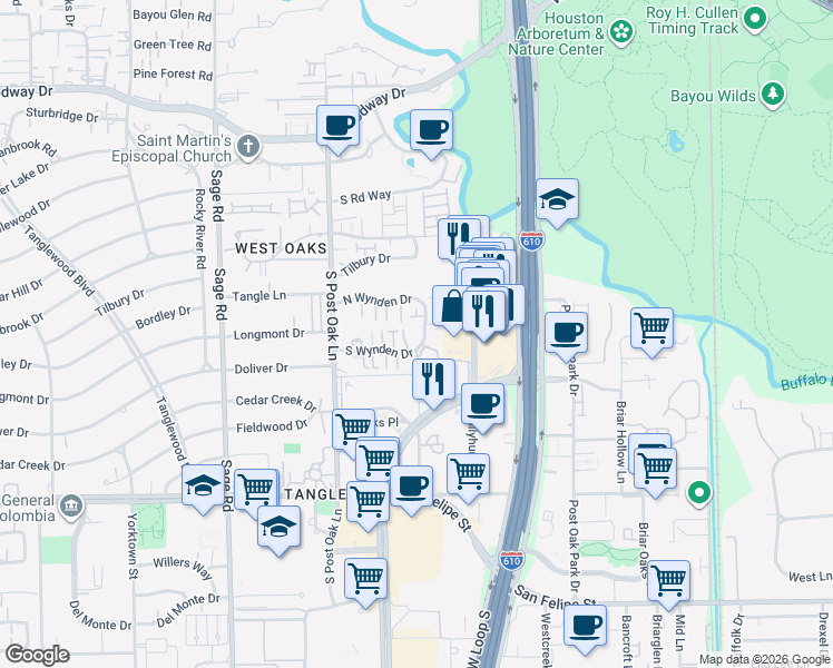 map of restaurants, bars, coffee shops, grocery stores, and more near 34 South Wynden Drive in Houston