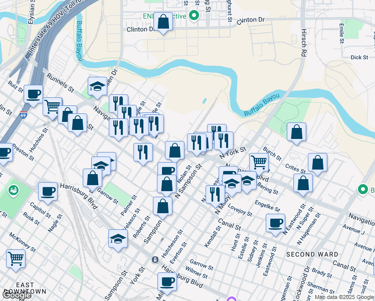 map of restaurants, bars, coffee shops, grocery stores, and more near 3229 Navigation Boulevard in Houston