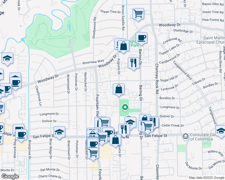 map of restaurants, bars, coffee shops, grocery stores, and more near 1114 Augusta Drive in Houston