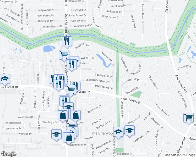 map of restaurants, bars, coffee shops, grocery stores, and more near 12450 Shepherds Ridge Drive in Houston