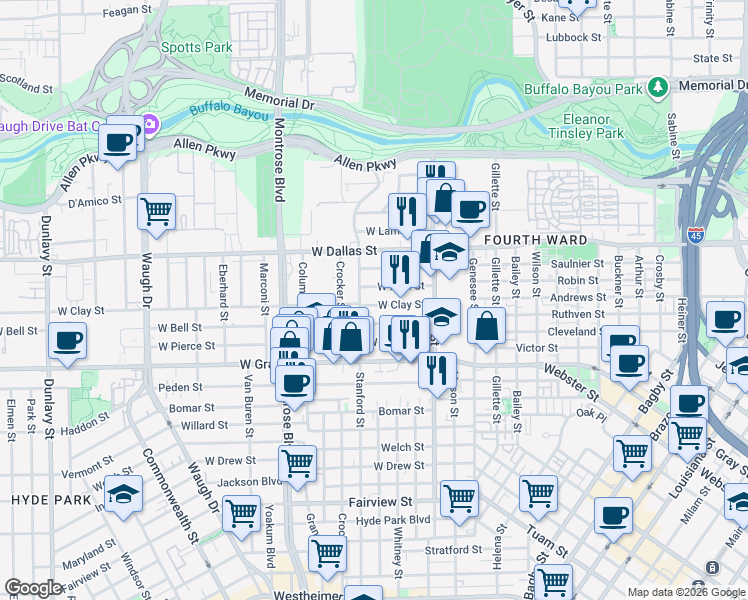 map of restaurants, bars, coffee shops, grocery stores, and more near 518 West Clay Street in Houston