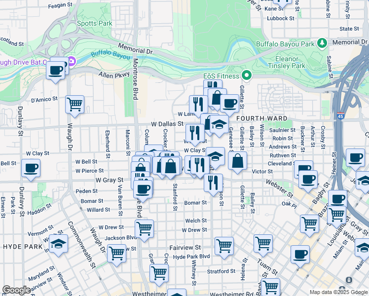 map of restaurants, bars, coffee shops, grocery stores, and more near 518 West Clay Street in Houston
