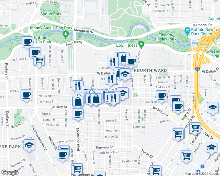 map of restaurants, bars, coffee shops, grocery stores, and more near 518 West Clay Street in Houston