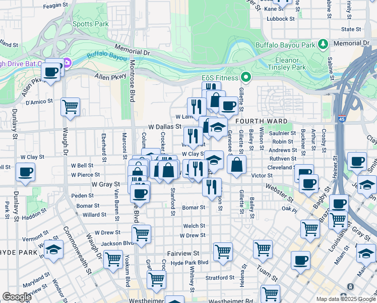 map of restaurants, bars, coffee shops, grocery stores, and more near 518 West Clay Street in Houston