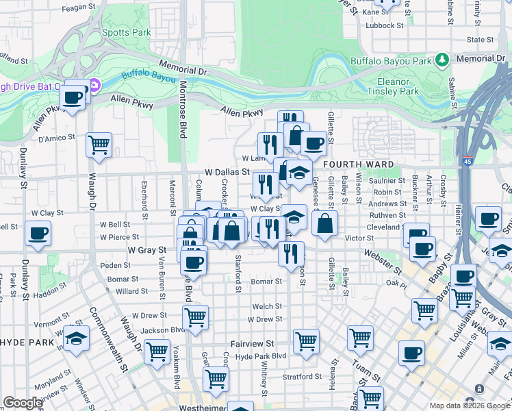map of restaurants, bars, coffee shops, grocery stores, and more near 518 West Clay Street in Houston