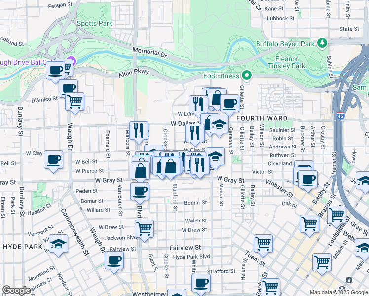map of restaurants, bars, coffee shops, grocery stores, and more near 518 West Clay Street in Houston