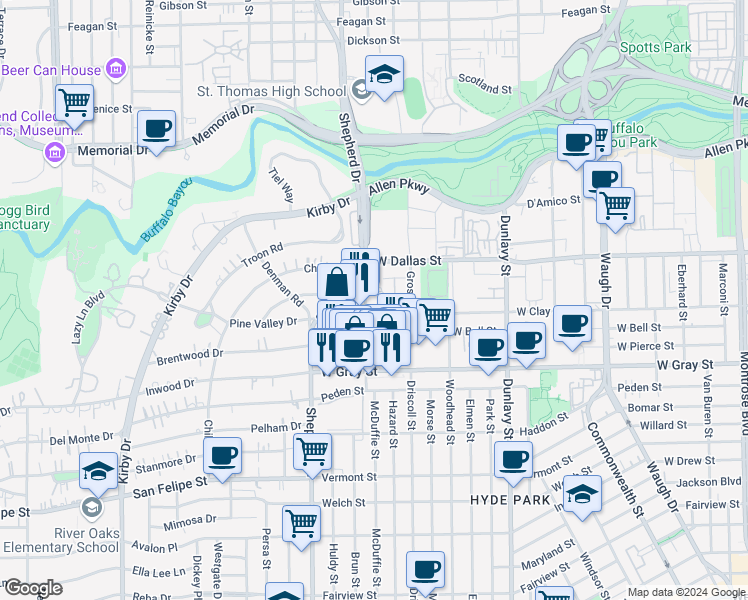map of restaurants, bars, coffee shops, grocery stores, and more near 3803 Newhouse Street in Houston
