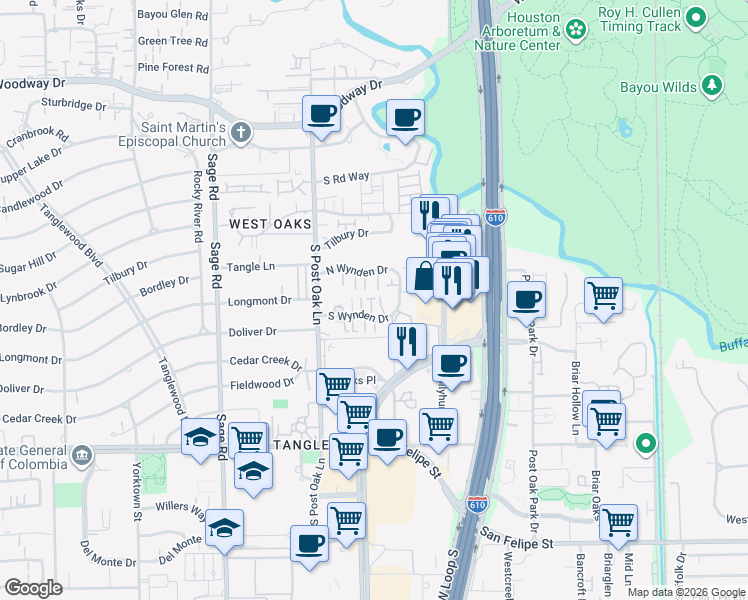 map of restaurants, bars, coffee shops, grocery stores, and more near 34 South Wynden Drive in Houston