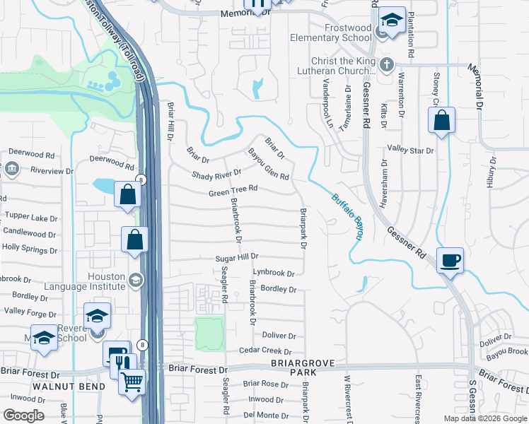 map of restaurants, bars, coffee shops, grocery stores, and more near 10118 Candlewood Drive in Houston
