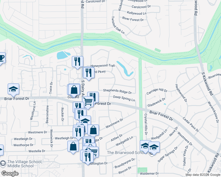 map of restaurants, bars, coffee shops, grocery stores, and more near 12506 Shepherds Ridge Drive in Houston