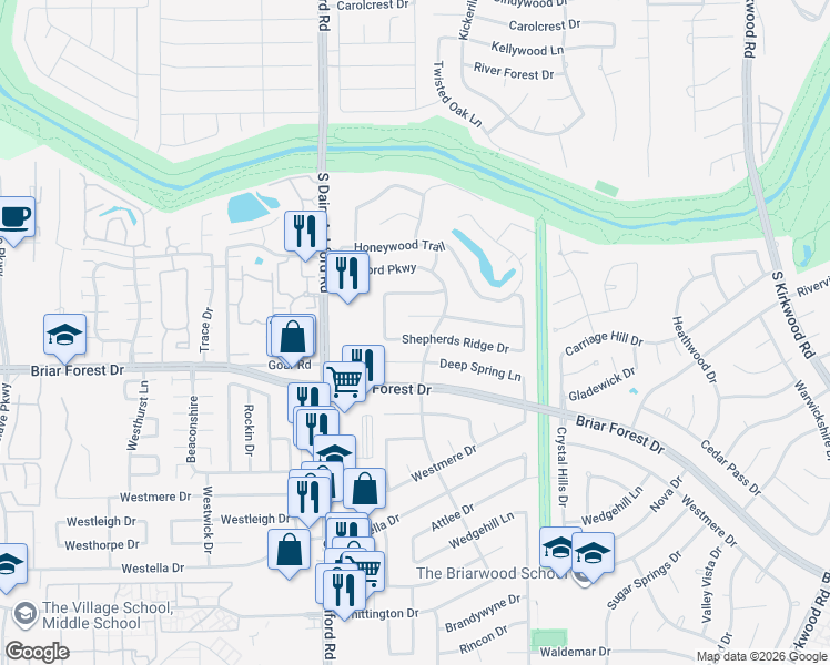 map of restaurants, bars, coffee shops, grocery stores, and more near 12506 Shepherds Ridge Drive in Houston
