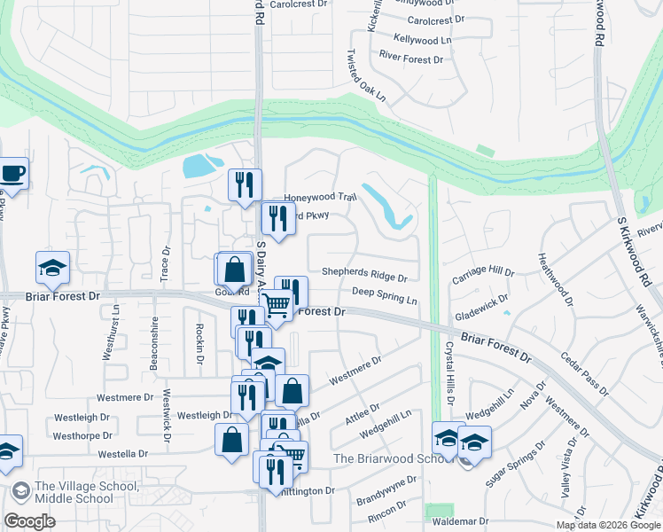 map of restaurants, bars, coffee shops, grocery stores, and more near 12506 Shepherds Ridge Drive in Houston