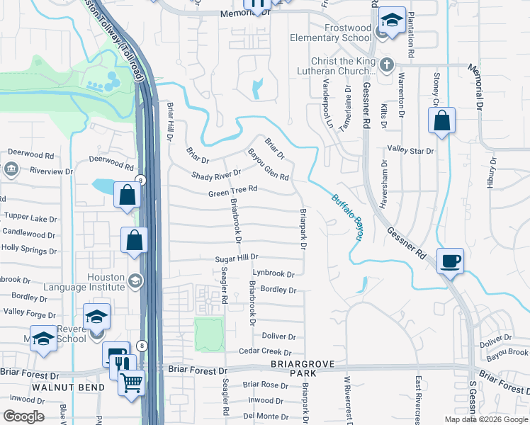 map of restaurants, bars, coffee shops, grocery stores, and more near 10118 Candlewood Drive in Houston