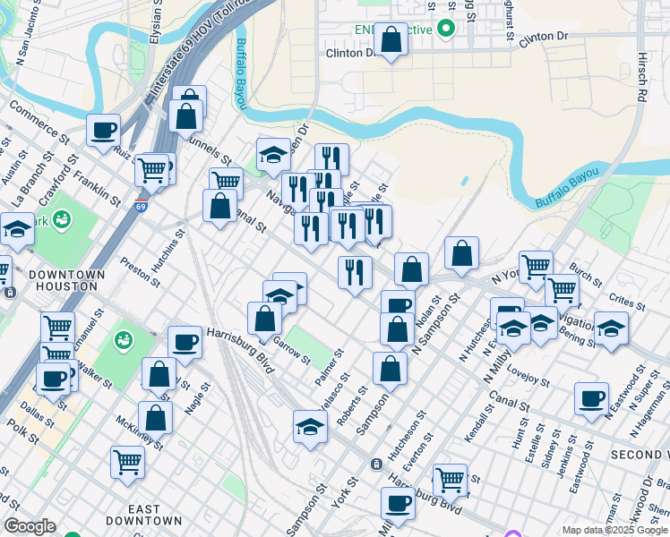 map of restaurants, bars, coffee shops, grocery stores, and more near 2821 Canal Street in Houston