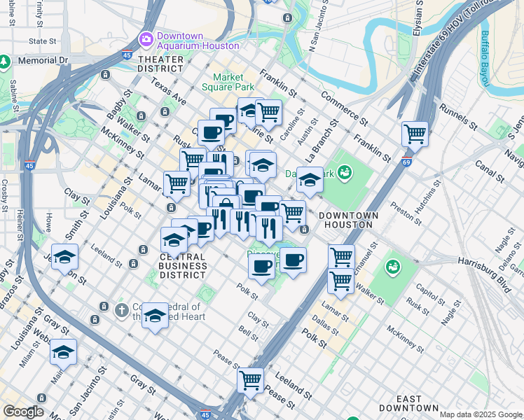 map of restaurants, bars, coffee shops, grocery stores, and more near 1301 McKinney Street in Houston