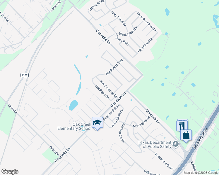 map of restaurants, bars, coffee shops, grocery stores, and more near 632 Northwest Crossing Drive in New Braunfels