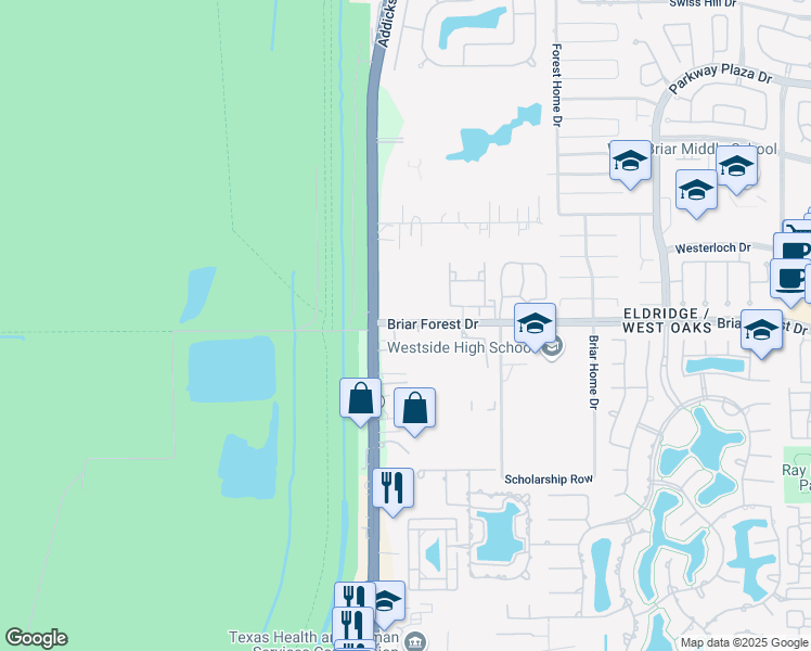 map of restaurants, bars, coffee shops, grocery stores, and more near 14703 Briar Forest Drive in Houston