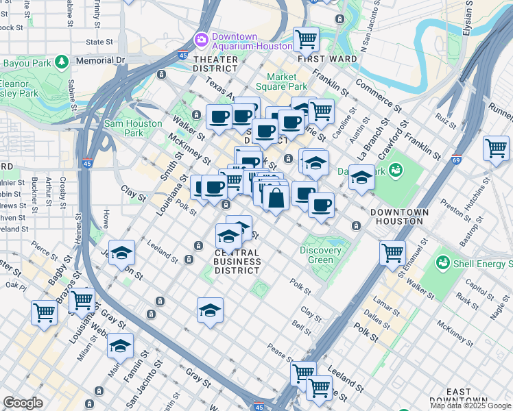 map of restaurants, bars, coffee shops, grocery stores, and more near 1001 Fannin Street in Houston