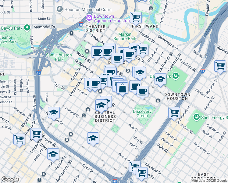 map of restaurants, bars, coffee shops, grocery stores, and more near 1001 Fannin Street in Houston