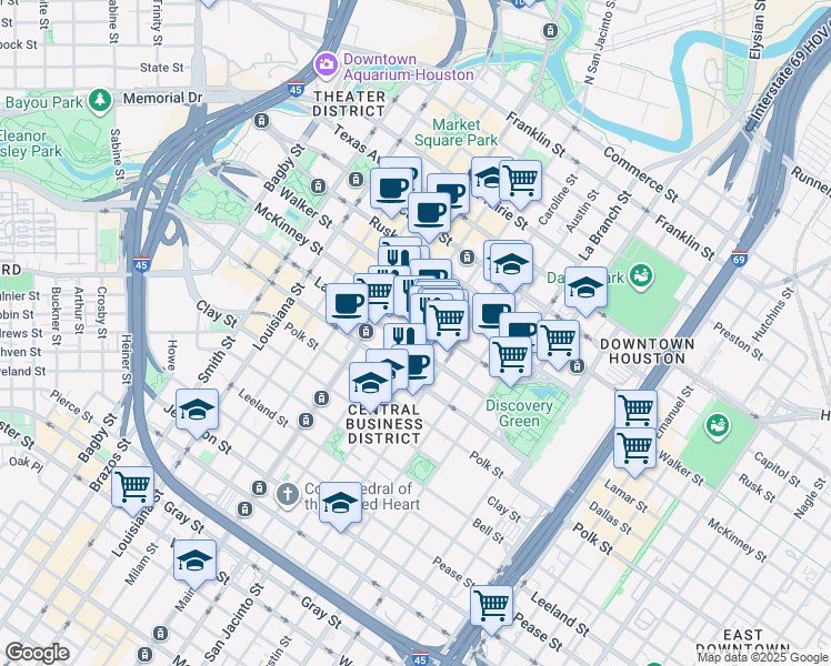 map of restaurants, bars, coffee shops, grocery stores, and more near 1001 Fannin Street in Houston